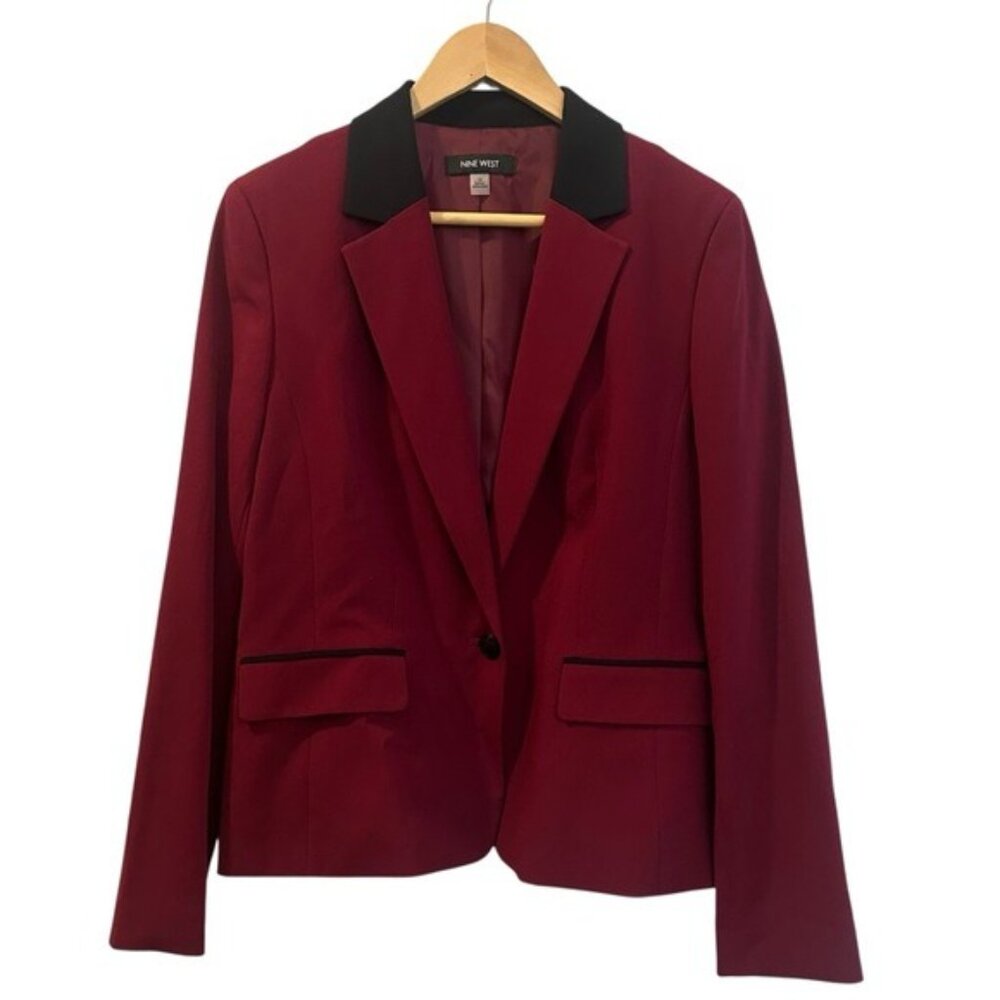 Nine West Burgundy Tuxedo Regencycore Blazer Black Contrast Collar Size 10 NWT